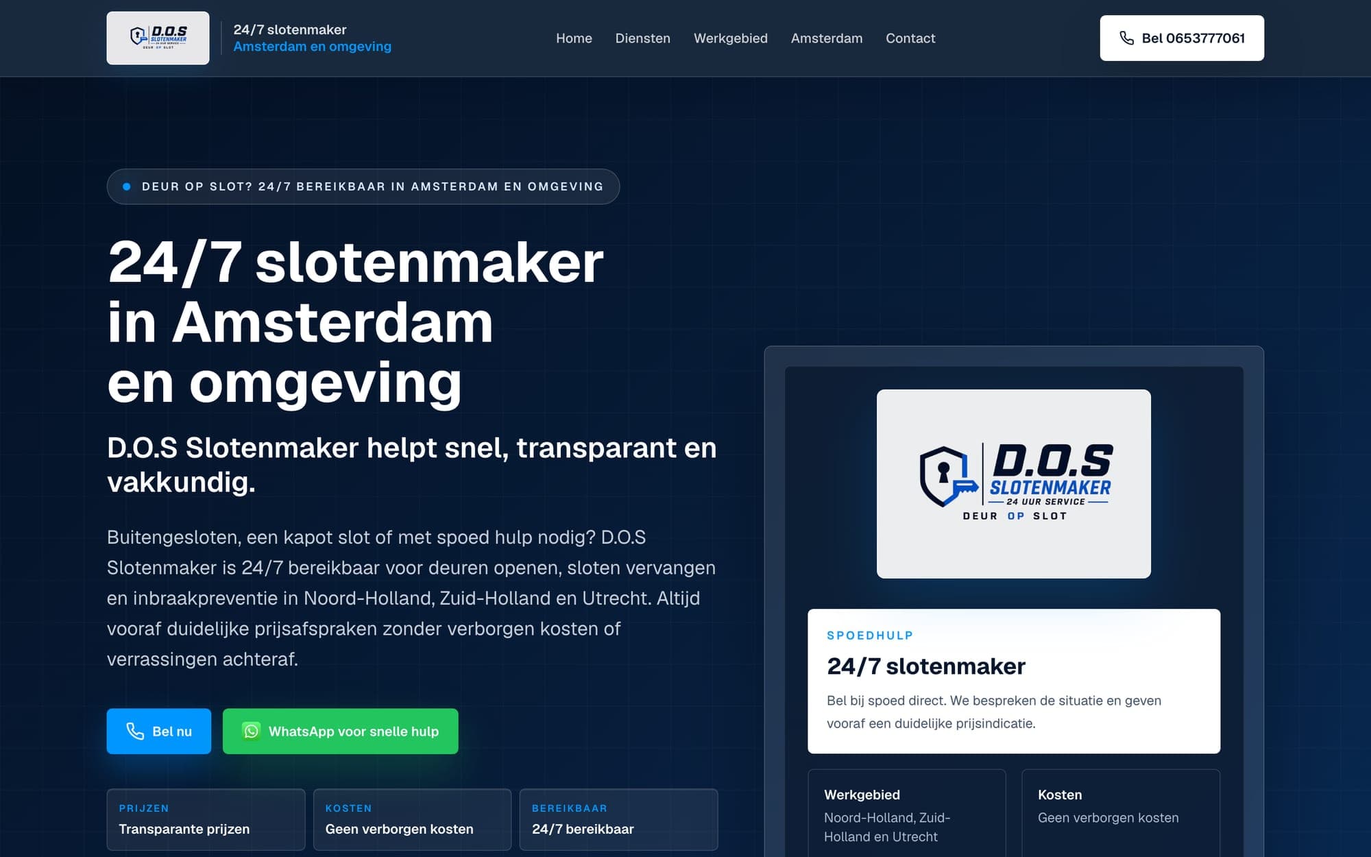 Homepage van D.O.S Slotenmaker met bel- en WhatsApp-knoppen