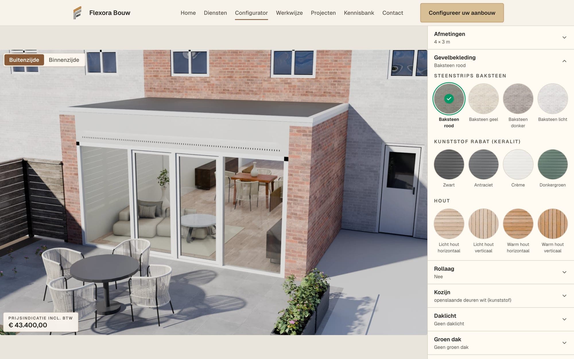De 3D-aanbouwconfigurator van Flexora Bouw met materiaalkeuzes en een prijsindicatie van € 43.400