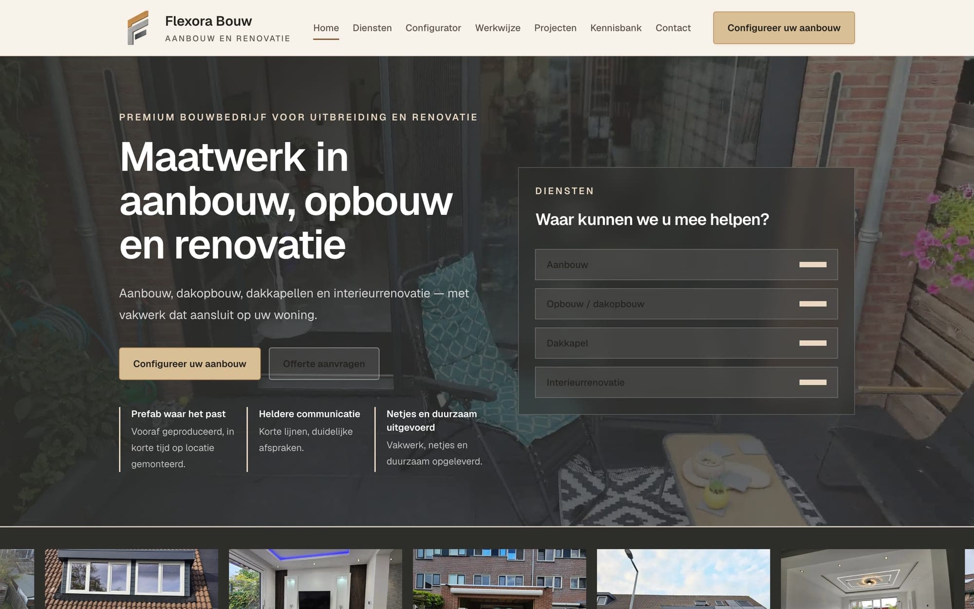 Homepage van Flexora Bouw met dienstenoverzicht en projectfoto's