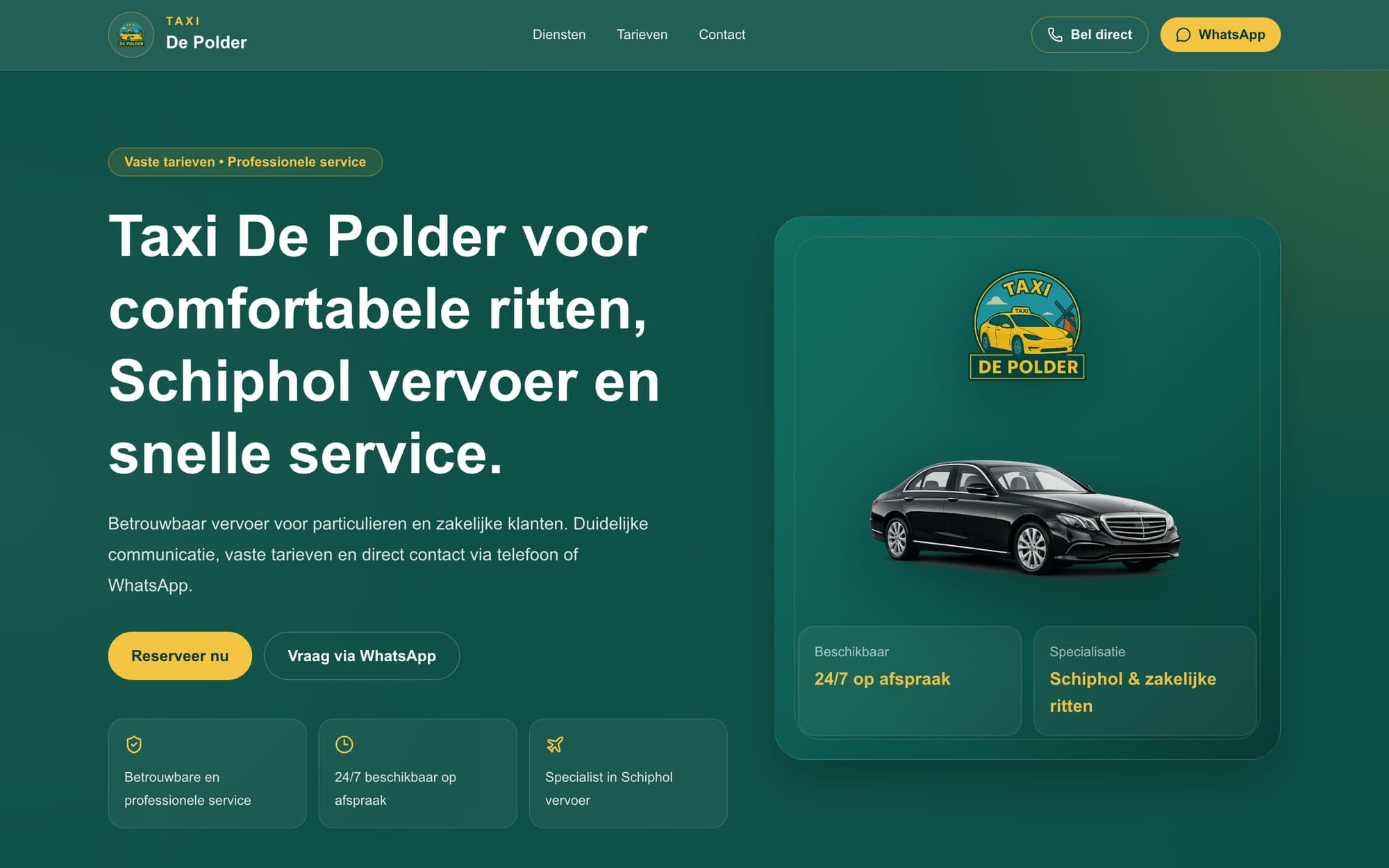 Homepage van Taxi De Polder met reserveerknop en vaste tarieven