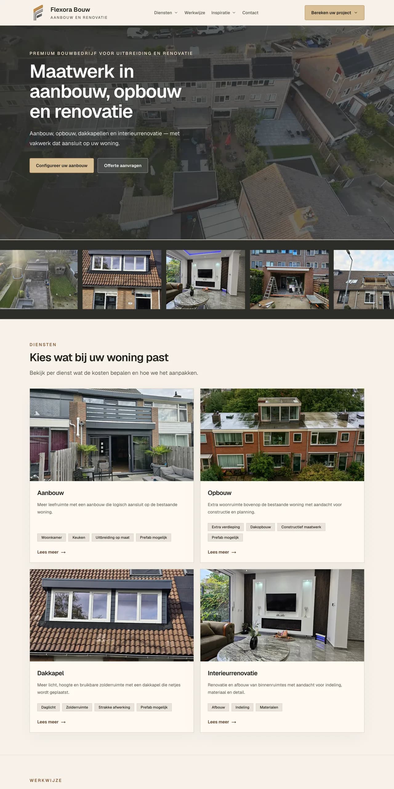 De homepage van Flexora Bouw van boven naar beneden: luchtfoto met configuratorknop, projectfoto's en de diensten aanbouw, opbouw, dakkapel en interieurrenovatie